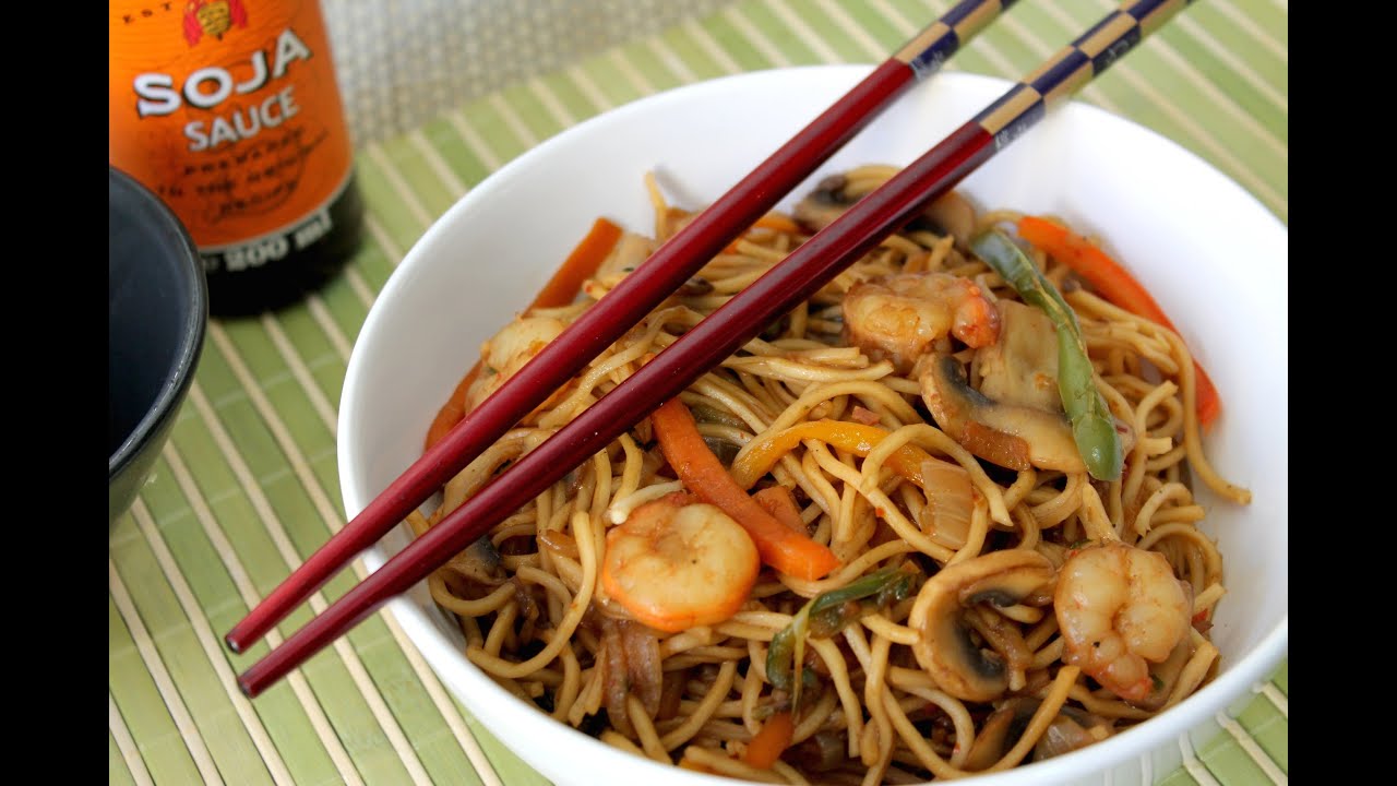 fideos chinos fritos con gambas