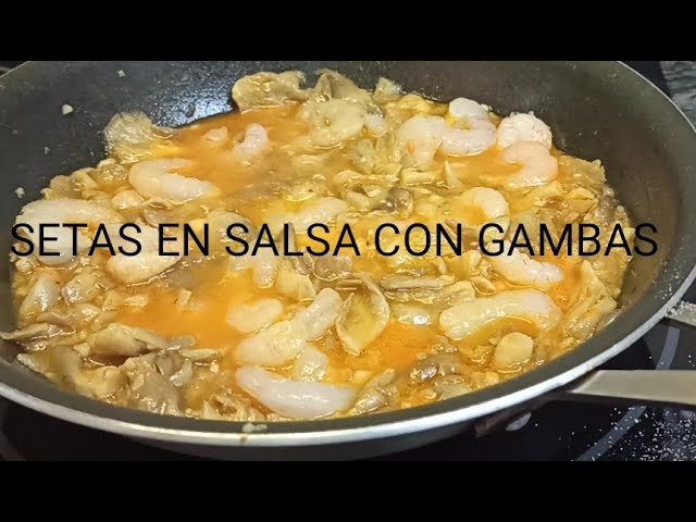 setas con gambas en salsa